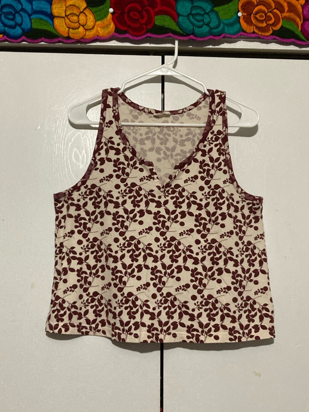 Pact Medium Organic Cotton Boho Print Cream Tank Top with Burgundy Floral Print